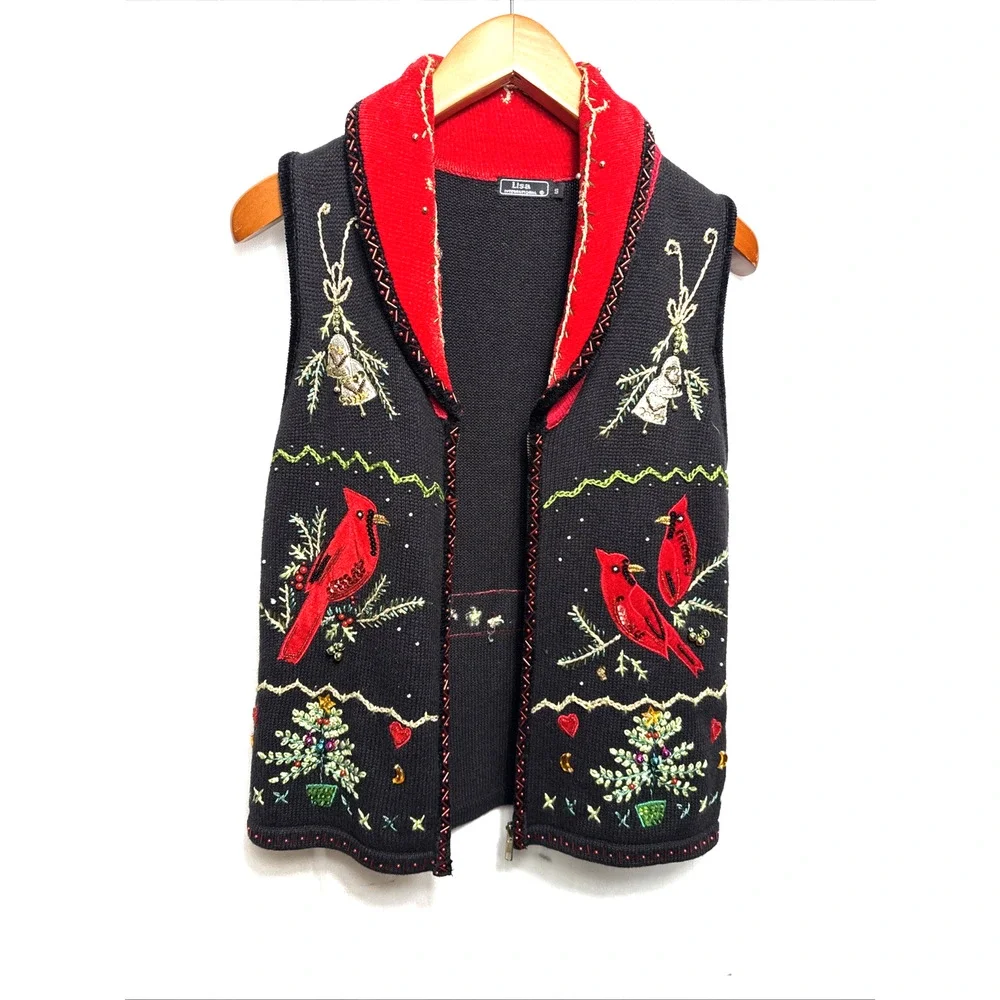 Christmas Holiday Sweater Vest Women’s Size Small Red Cardinals Embellished EUC - Picture 7 of 11